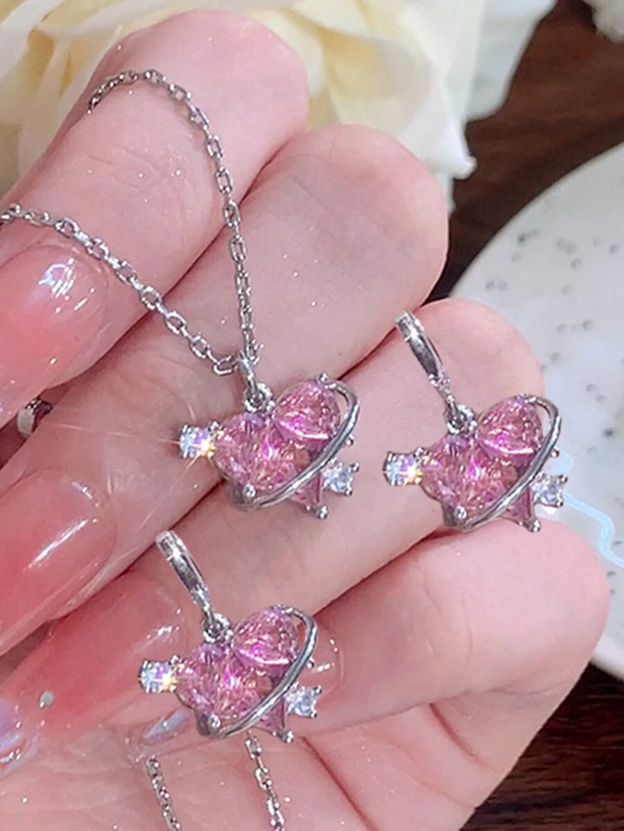 Bộ 3 dây chuyền và hoa tai mặt trái tim và đá Rhinestone phong cách Y2k dành cho tiệc tùng, hẹn hò, quà tặng, trang phục hàng ngày ngày lễ tình nhân - Bạc - Xem 1