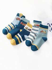 5對春夏秋季兒童卡通車紋襪子,男女童,中大童適用