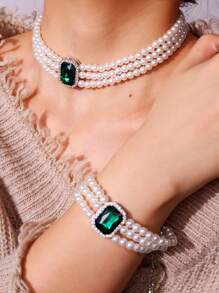 4 cái/bộ Tiếng Pháp Thanh lịch Nhiều lớp Ngọc trai Giả Đá quý Dây chuyền Vòng tay Bộ bông tai - màu xanh lá - Xem 2