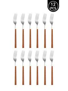 4/8/12件不鏽鋼小叉子附塑膠仿木柄水果叉西式餐具組適合家庭廚房、餐廳、飯店、婚禮、廚房用具套件 - 銀色 - 查看 1