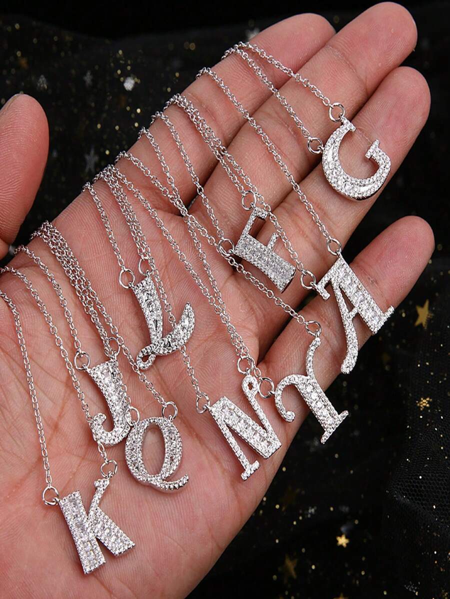 1 件裝新娘浪漫旅行風格英文字母鎖骨鏈吊墜微鑲嵌白金鍍金 Diy 項鍊 - 銀色 - 查看 1