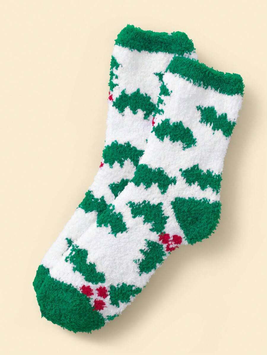 1雙女士中筒襪,白色和綠色珊瑚絨保暖舒適冬季襪子,適用於聖誕節