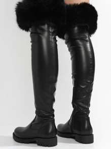 Women's  Fur-Coated Over-The-Knee Boots - Round Toe Knee High Low Heel For Casual Fridays - Black - View 6