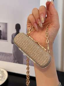 镶钻时尚手拿包 流行轻奢晚宴包 化妆包 迷你个性化口红小包 女士高品质名媛风链条单肩斜挎金属链耳机包 - 金色 - 查看 2