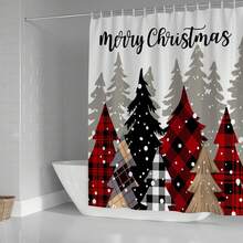 4pcs/set red checkered Christmas tree shower curtains, rural farmhouse, winter forest, festive atmosphere, bathroom decoration, fabric curtains, anti slip shower mat, toilet carpet, 12 plastic hook hooks, 71x71 inches included - Multicolor - View 4