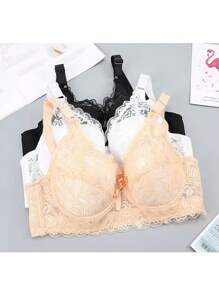 Sujetador de encaje floral con aros para mujer, sujetador de encaje floral, sexy, sin esponja, Las tallas son pequeñas. - Beis - Ver 5