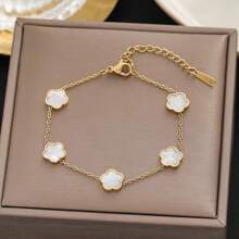 1條黑色/紅色/綠色/白色三葉草與花朵鏈不鏽鋼時尚潮流手鐲,獨特設計適合節日、派對和男女身上的復古風格,是情侶之間的理想之選