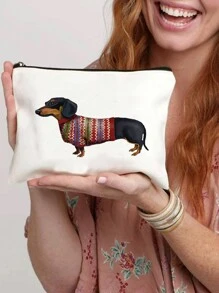 Dachshund Dog Print Cosmetic Bag, Portable Travel Storage Bag, Versatile Zipper Coin Purse Pouch, Funny Toiletry Bag, Cartoon Dog Pattern Bag, Dachshund Lover Gift, Travel Toiletry Organizer, Makeup Bag, Pencil Pen Case, Stationery Supplies, Birthday Gifts, Christmas Gift - White - View 4