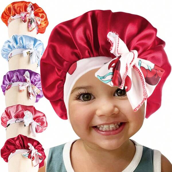 1pc Children's Satin Sleep Cap With Elastic Band And Wide Silk Band