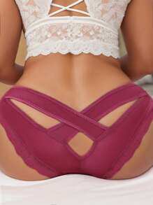 Women's Sexy Cross Low-Rise Ice Silk Triangle Panties With Minimalist Sexy Lace Trim, Breathable - Red - View 4