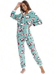 女士法蘭絨毛絨絨帽聖誕連身衣,適用於秋冬居家穿著 - 薄荷綠 - 查看 3