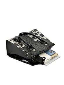 1個(11英寸*9.5英寸*5.5英寸)時尚蛇紋顏色拼接手提包,可愛的黑白色蟒蛇紋郵差包,媽媽包,實用光澤pu材料防污防水,適用於商務旅行,旅遊和派對,休閒風格的大容量郵差包 - 黑與白 - 查看 7