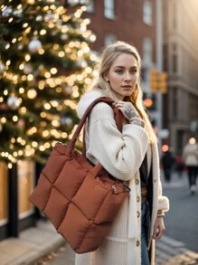 時尚冬季女性尼龍毛絨填充袋大手提包實心通勤手提包