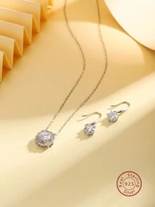 1套經典優雅豪華珠寶套裝及禮盒,包括方體氧化鋯s925純銀耳針和s925純銀頸鍊。適宜作為生日,女士,派對或婚禮的禮物 - 銀色 - 查看 2