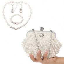 Shell Design Women Evening Bags Beaded Handmade Diamonds Shoulder Messenger Bag Crystal Wedding Evening Bag Beading Necklace Earrings Diamonds Elegant Bracelet Sets Wedding Bridal , Luxury Evening Clutch Bag Set,Glamorous Gift Set For Women - Beige - View 1