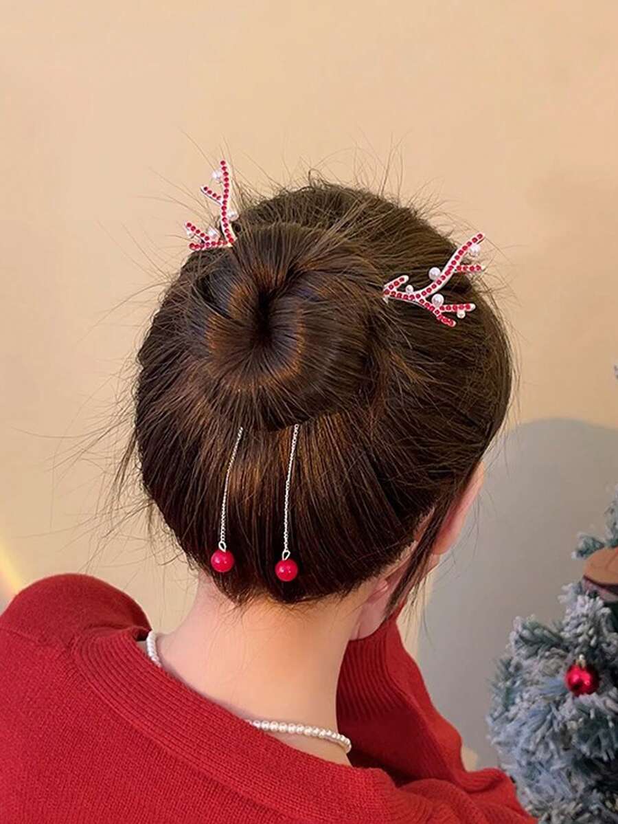 1 Miếng Đỏ  Giáng sinh Con hươu Gạc Đồ trang trí Rhinestone Móng vuốt tóc Đối với Cao Tóc đuôi gà , Thích hợp Đối với Hằng ngày Và Giáng sinh Sử dụng