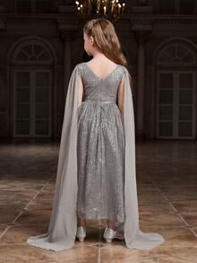 少女閃片網紗披肩袖聚集腰派對裙 - 灰色 - 查看 2