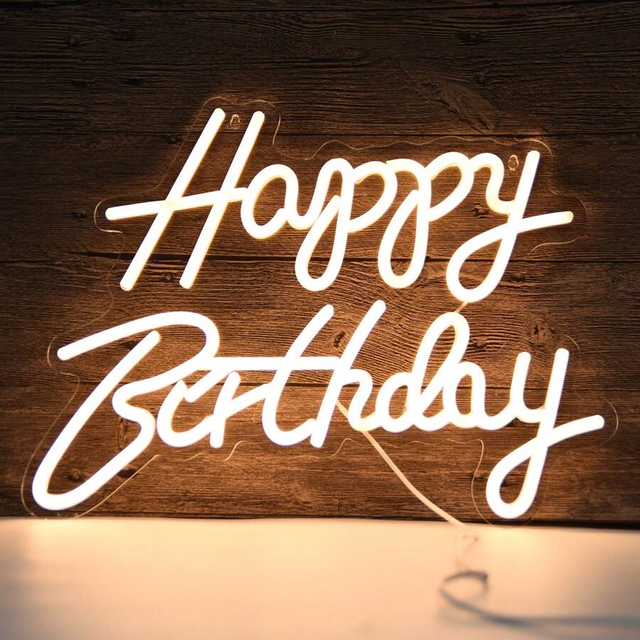 整合生日快樂 Led 霓虹燈標誌板,帶 Usb 電纜和開關,壓克力背板,40x30 厘米 - 黃色 - 查看 1