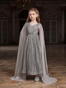 少女閃片網紗披肩袖聚集腰派對裙 - 灰色 - 查看 5