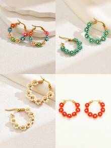 1對甜美波西米亞風格手工編織花卉設計復古圈形耳環,女性休閒、約會、贈品、節日皆適用