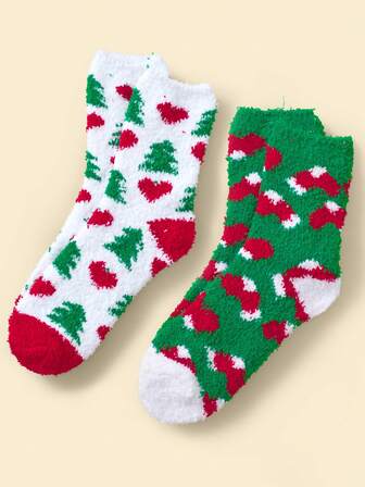 2 双女士圣诞袜，珊瑚绒温暖舒适袜子，带有圣诞老人、圣诞树、心形图案，适合圣诞节装扮、派对、礼物、居家和睡觉