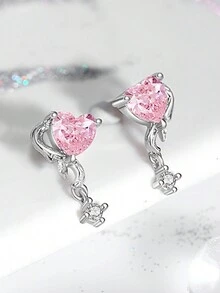1pair Beautiful 925 Sterling Silver Thorn Heart Shape Pink Earrings, Ins Popular Style Suitable For Ladies' Daily Wear - Silver - View 3