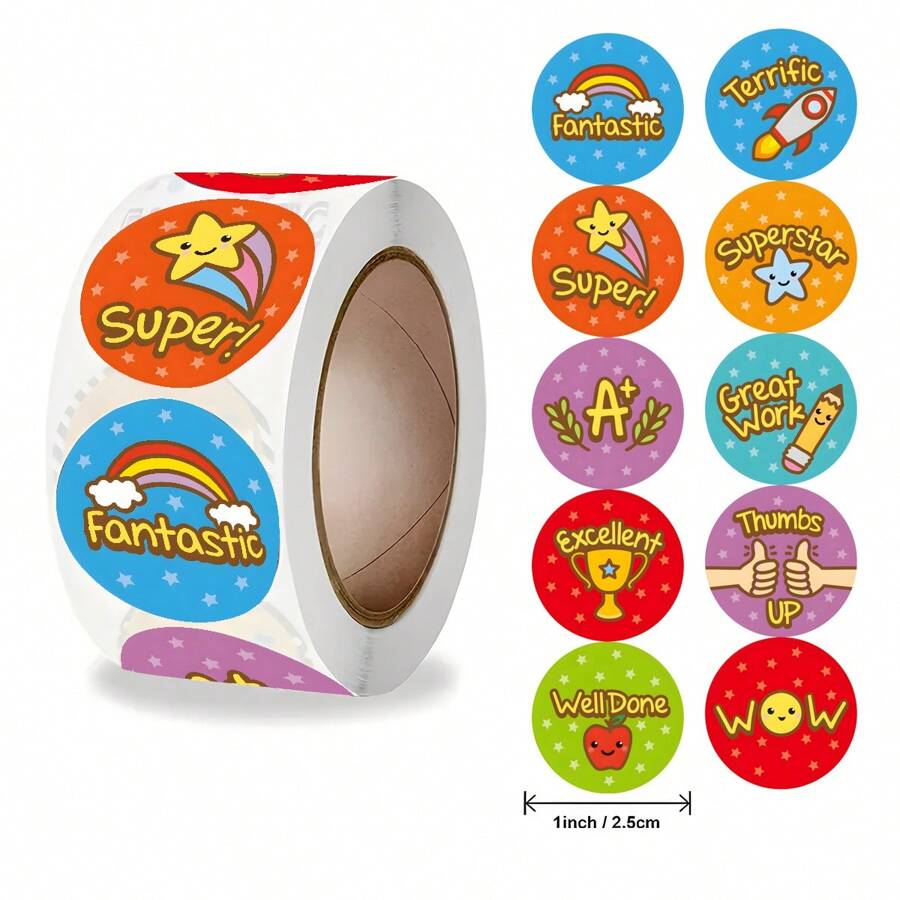 500張/卷獎勵貼紙標籤,有8種不同風格(做得好,a+,超級等),用於激勵學生、文具和密封標籤、老師評分貼紙、可愛的裝飾貼紙 - 彩色 - 查看 1