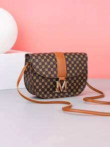 复古女士单肩包 - 新月形印花马鞍包/斜挎包，双色设计，带吊坠装饰 - 棕色 - 查看 2