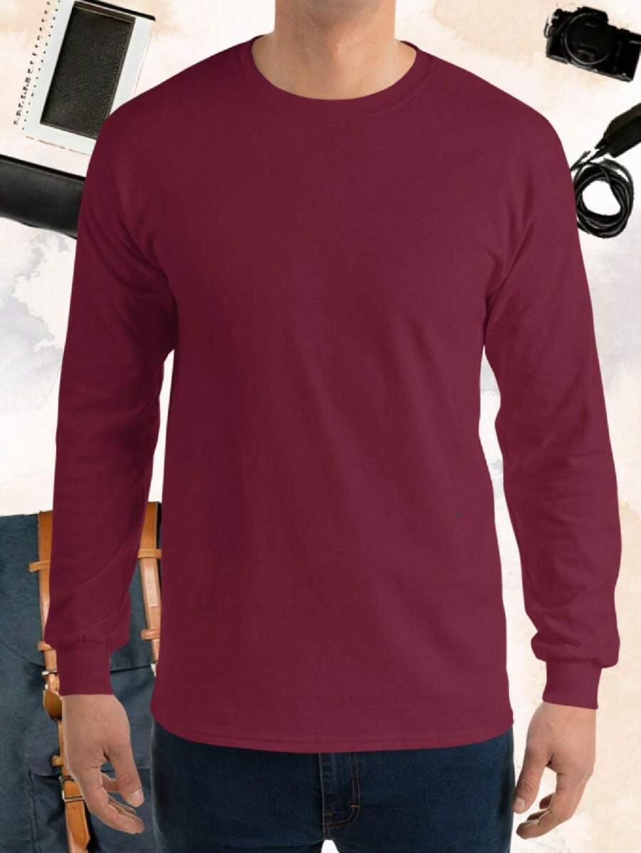 Men's Basic Long Sleeve T-Shirt 100% Cotton Colors - Burgundy - View 1