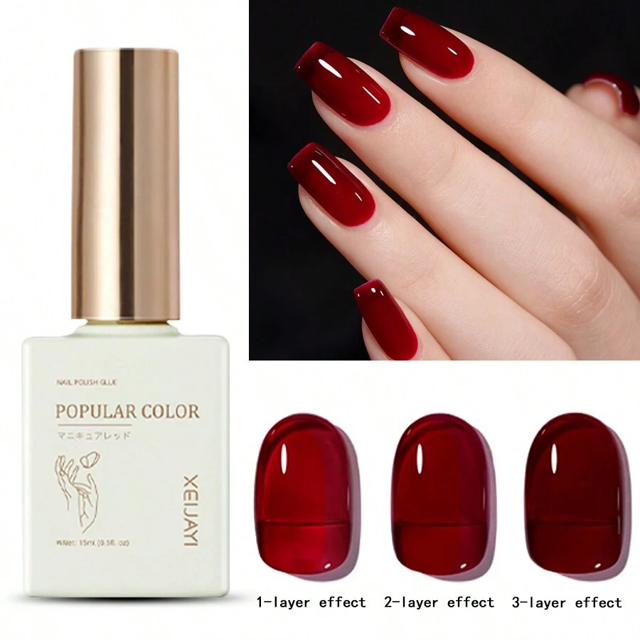1pc Red Ice-Through Gel Nail Polish 15ML Soak Off Glitter Gel Polish For All Seasons - Home Salon Nail Art DIY - 紅色 - 查看 1