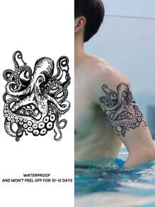 1 件章魚怪物防水臨時紋身貼紙,不反光,持續 10-12 天,適合男士手臂和肩膀 - 黑色 - 查看 1