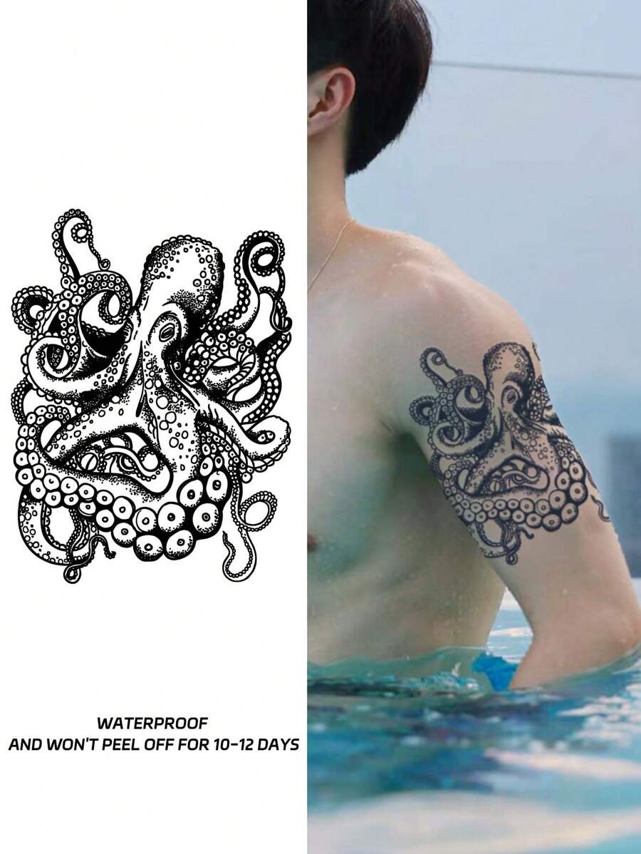 1 件章魚怪物防水臨時紋身貼紙,不反光,持續 10-12 天,適合男士手臂和肩膀 - 黑色 - 查看 1