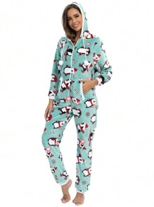 女士法蘭絨毛絨絨帽聖誕連身衣,適用於秋冬居家穿著 - 薄荷綠 - 查看 5