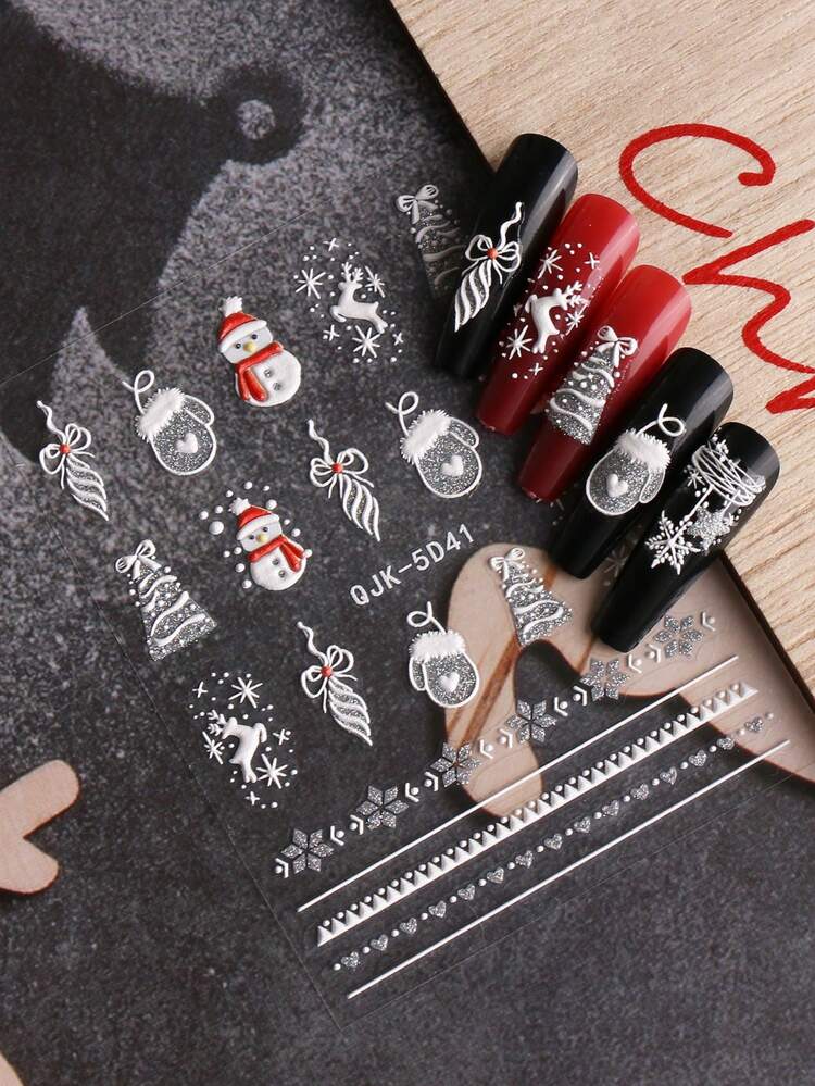 4 Hojas/set Pegatina 5d De Arte De Uñas Con Relieve Navideño De Copo De Nieve Y Dibujos Animados - Multicolor - Añade 4
