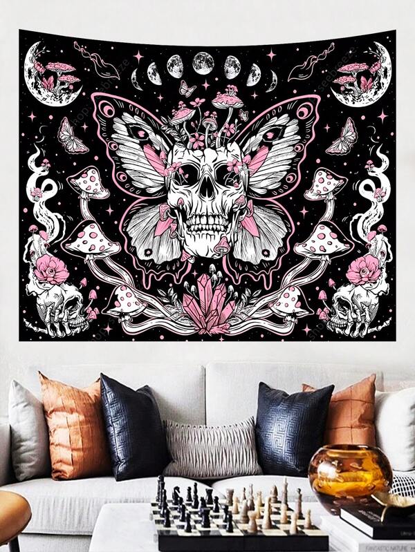 1pc Polyester Skull & Butterfly Patterned Peach Skin Printed Tapestry For Elegant Home Wall Decoration. Includes Free Installation Kit And Easy To Hang. Available In Multiple Sizes., Flag For Room, Room Decor, Tapestry, Wall Art ,Room Stuffs, Flags For Room, Home Decor, Wall Tapestry