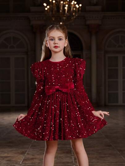 Tween Girls' Sparkly Halter Neck Dress With Ruffle Sleeves And Bow Decoration