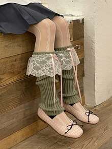 1對日式JK蘿莉塔女孩蝴蝶結飄帶毛織花邊腿套毛堆腿暖，日式Y2K腿套配飾