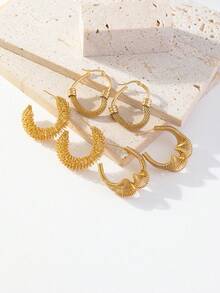 3 對時尚不銹鋼絲編織鍍金耳環,適合女士日常佩戴 - 金色 - 查看 1