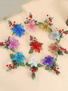 2Pcs/Set Christmas Flower Poinsettias 3.15 Inch Xmas Glitter Artificial Flowers with 6Pcs Metal Clips Christmas Poinsettia Decor for Christmas Tree Ornaments Wreaths Garland Party Decor - Multicolor - View 1