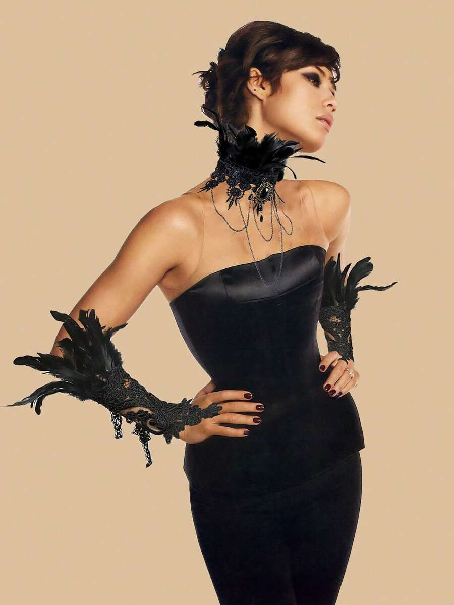 時尚黑羽毛和蕾絲手套,蕾絲頸圈和項鍊套裝,適用於哥德派對,cosplay,新娘飾品 - 3入組