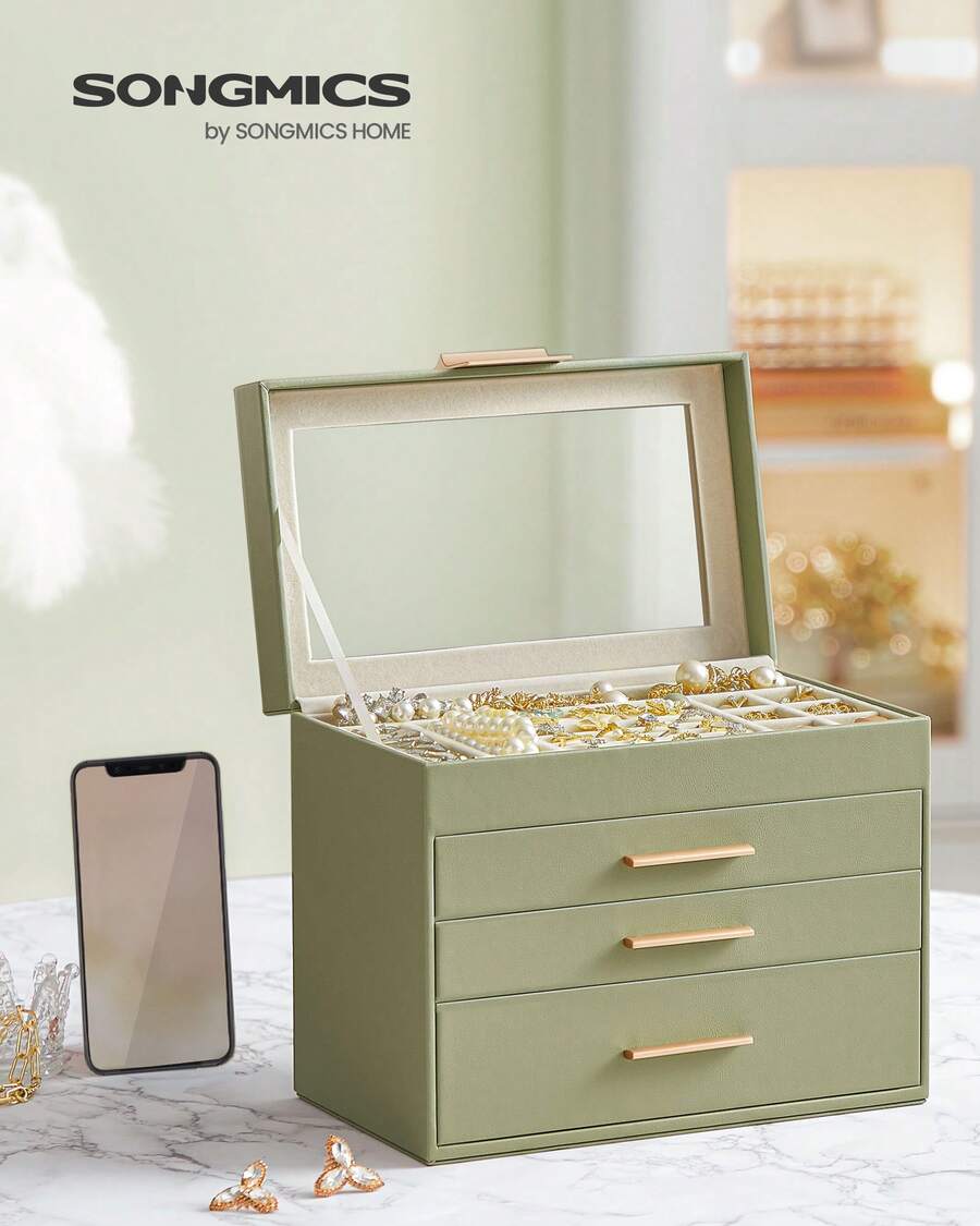 SONGMICS Jewelry Box With Glass Lid, 4-Layer Jewelry Organizer, 3 Drawers, For Sunglasses, Big Jewelry, Jewelry Storage, Modern Style, Gift, Graphite Black, Cloud White, Laurel Green - 薄荷綠 - 查看 1