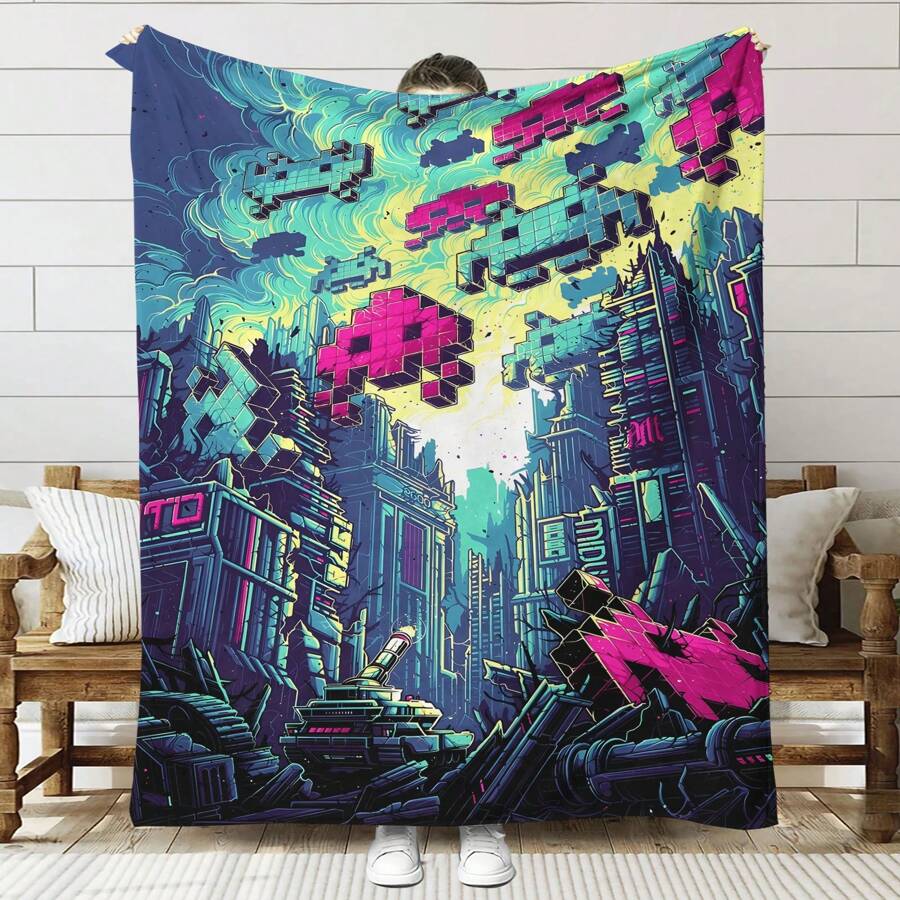 1入組柔軟的遊戲圖案數字印花法蘭絨毯,柔軟溫暖的毯子,適合送給男孩、兒子、孫子、兄弟,可作為家居休閒、空調、午睡毯、感恩節禮物,聖誕節禮物 - 彩色 - 查看 1