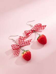 1對可愛有趣的蝴蝶結&草莓&春季元素休閒風格女耳環 - 草莓花朵 - 查看 4