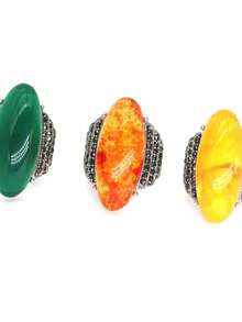 Retro Palace Style Amber & Diamond Decorated Index & Middle Finger Statement Ring - Yellow - View 4