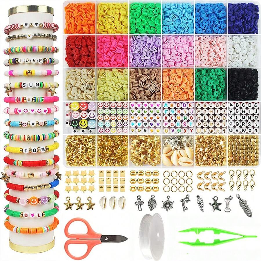 4600 件粘土珠手链制作套件，Preppy Friendship 扁平聚合物 Heishi 珠首饰套件，带饰物和弹性绳，女孩工艺品礼品套装，粘土珠首饰制作手链套件，扁平圆形聚合物 Heishi 粘土珠，带吊坠和跳环字母珠，用于手链项链耳环 DIY 工艺品，女孩珠子，手链，手链>制作 - 彩色 - 查看 1