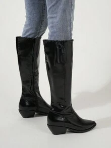 女式4cm厚底中筒馬靴,防滑側拉鍊實色尖頭設計,2023新款英倫風日常秋冬黑色百搭pu皮馬術靴 - 黑色 - 查看 4