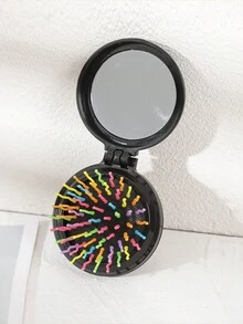 1pc 7cm Black Foldable Mirror Comb - Black - View 1
