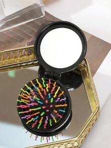 1pc 7cm Black Foldable Mirror Comb - Black - View 2