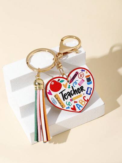 Nuevo llavero lindo - Hecho a mano - 1 pieza Llavero de placa de madera con letra de maestro, borla de colores arcoíris, con llavero de madera con forma de manzana, bolígrafo y libro, regalo creativo para la temporada de graduación, fiesta de compañeros de clase, regalo de maestro, recuerdo - Regalo creativo, regalo de festival, accesorio de teléfono móvil y coche, llavero, bolsa de San Valentín, encanto Y2k