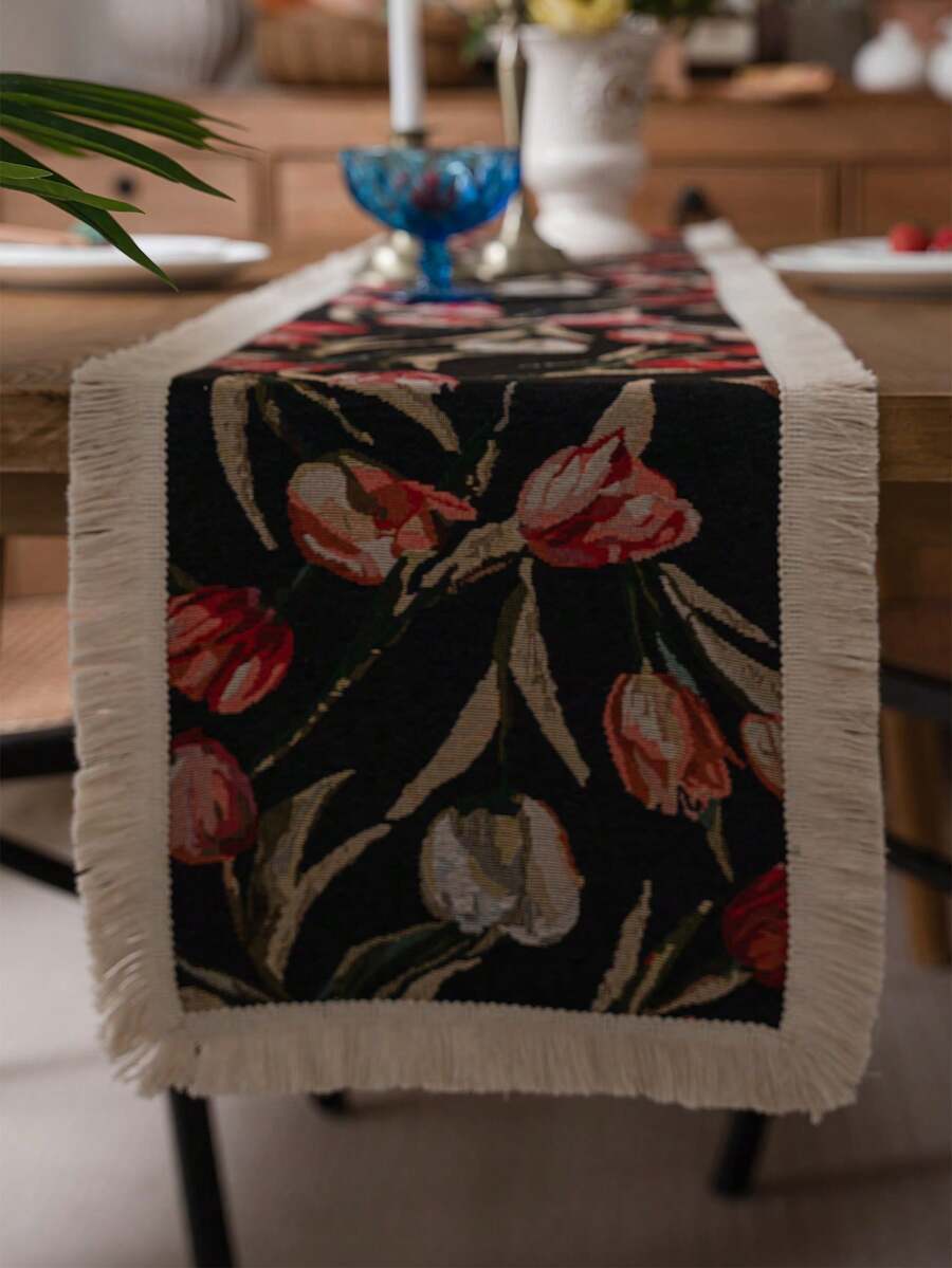 1入設計有提花鬍鬚和鬱金香的黑色桌旗 - 彩色 - 查看 1